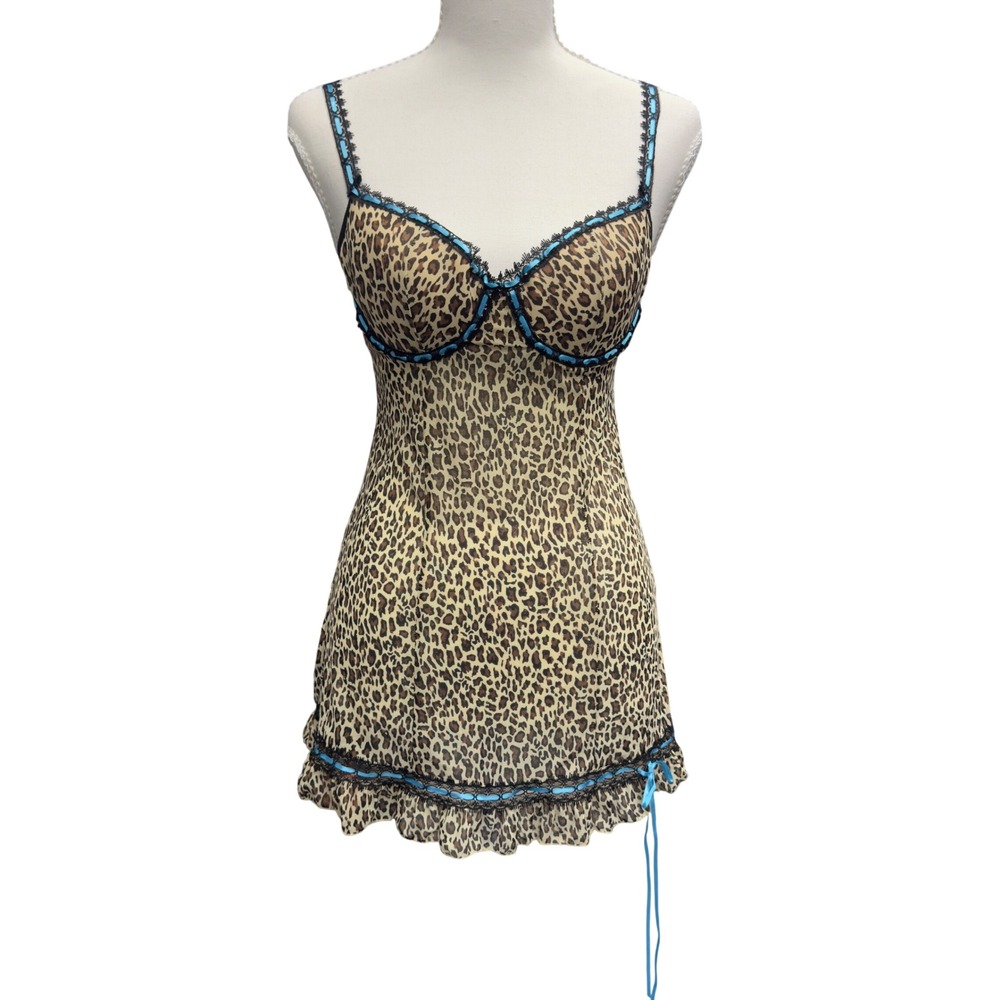 Rampage Leopard Print Mesh Chemise Blue Ribbon Lace Trim Padded Underwire Medium